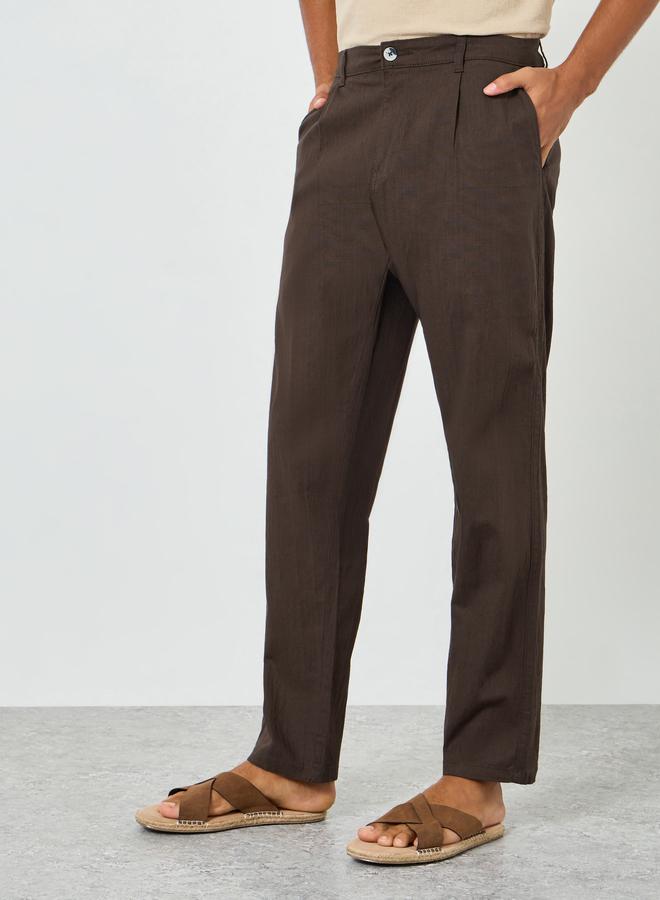 Styli Men Brown Pleated Tapered Linen Trousers - Image 4
